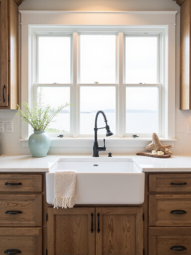 Coastal kitchen featuring a farmhouse sink with an apron front, showcasing rustic charm and natural light.