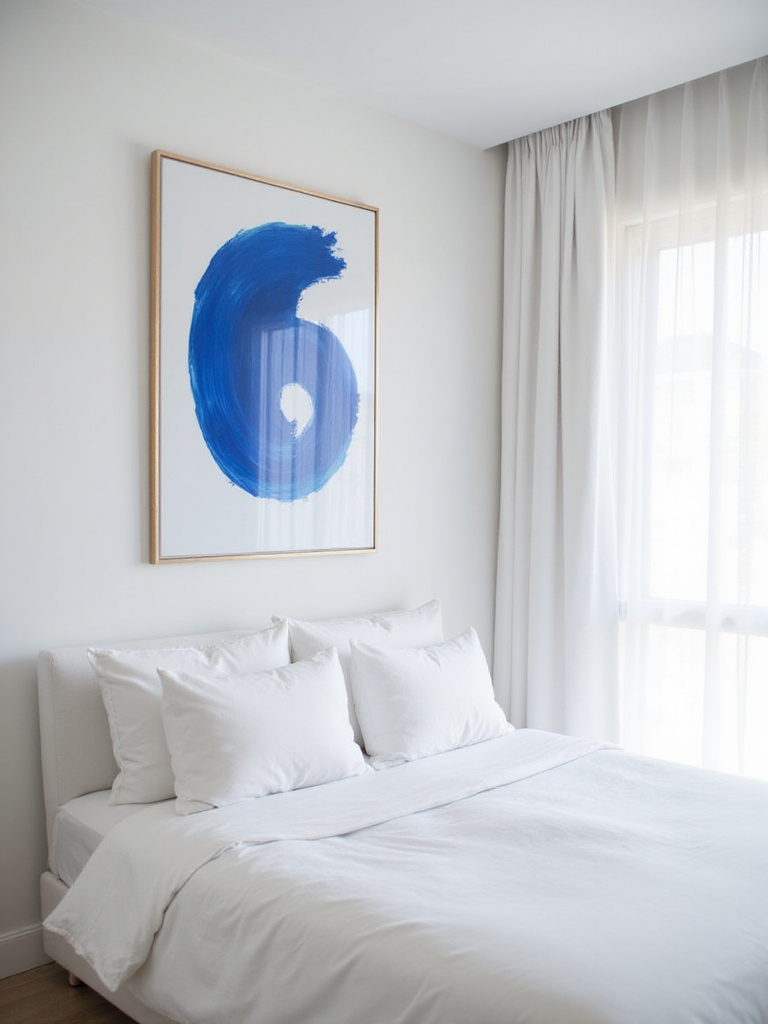 Serene white bedroom with a bold cobalt blue abstract art piece above the bed, creating visual interest.