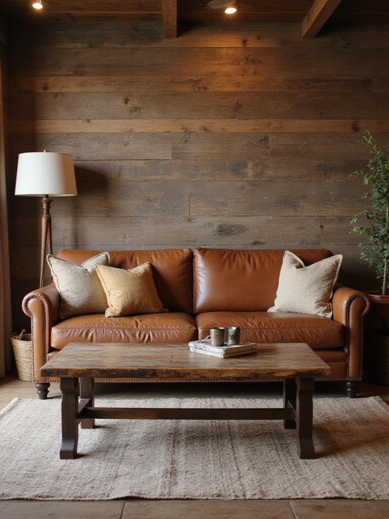 Rustic living room with perfectly scaled furniture arrangement.