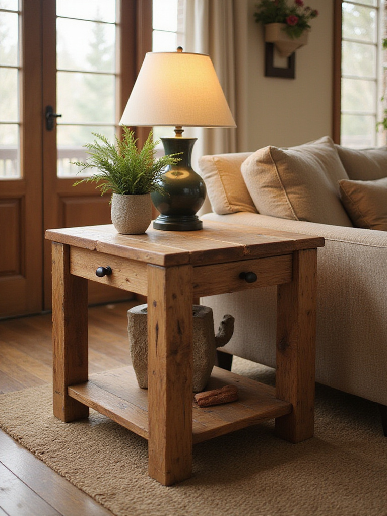 Sturdy rustic end tables beside a cozy sofa in a warm, inviting living room.