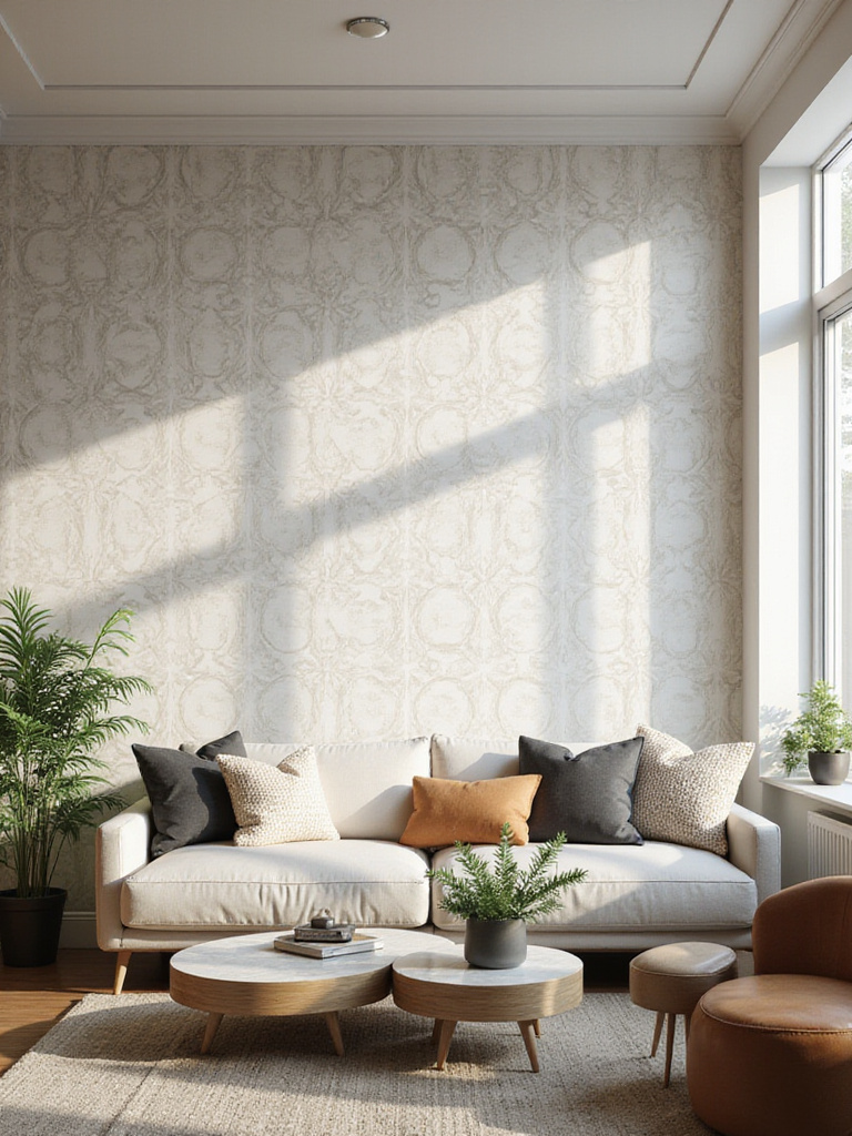 Living room with wallpaper accent wall and modern furniture