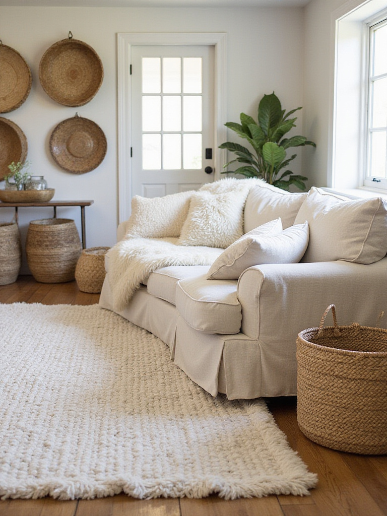 Rustic living room with natural fiber textures including wool, linen, and jute.