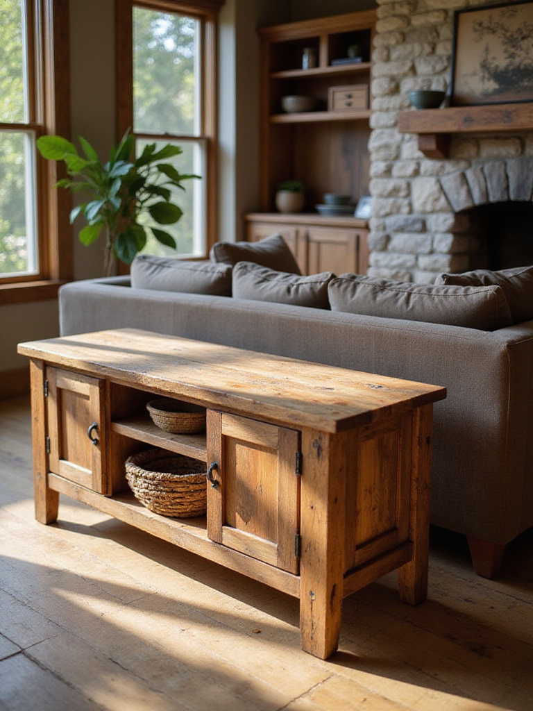 A rustic living room featuring a barnwood media console designed to conceal electronics.