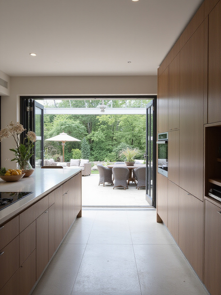 Modern kitchen with a bifold pass-through bar opening to an outdoor patio
