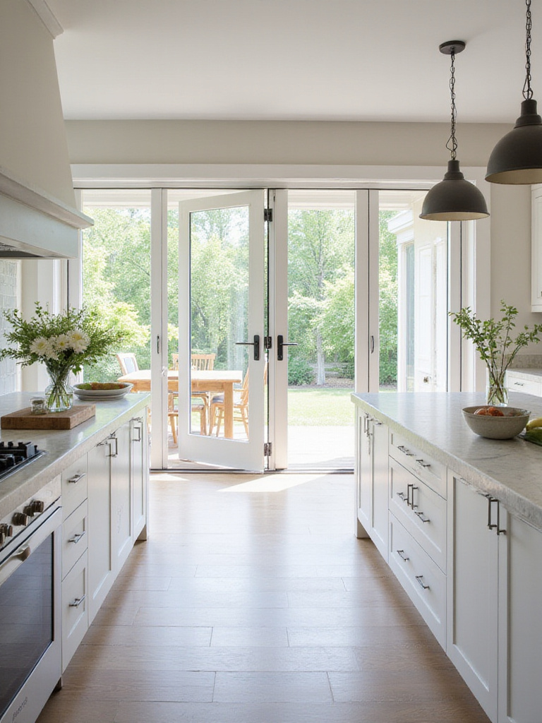Coastal kitchen with large bifold doors opening to outdoor patio