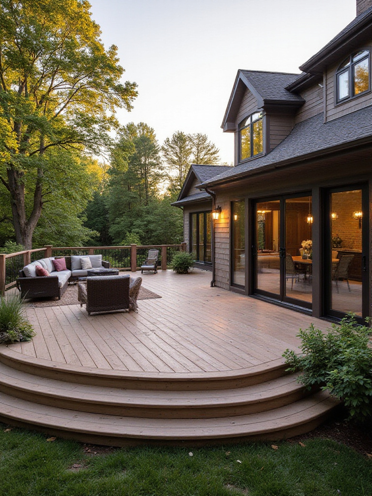 A wraparound deck showcasing seamless indoor-outdoor living with various functional zones.