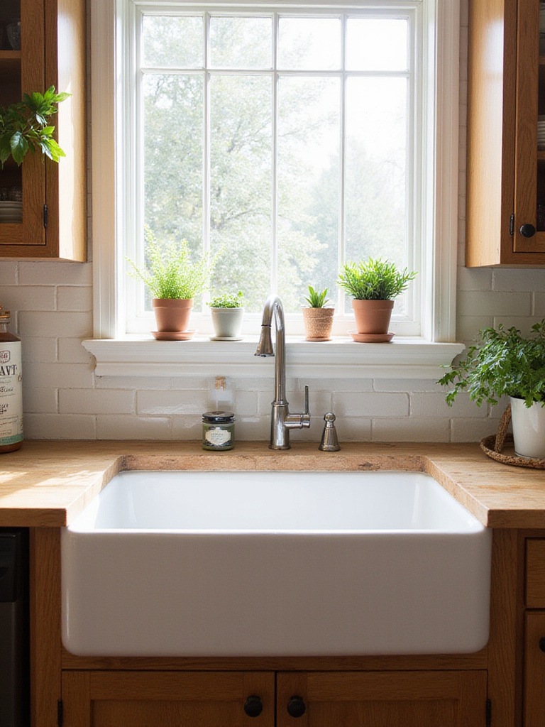 Elegant fireclay farmhouse sink in a rustic kitchen setting with natural lighting
