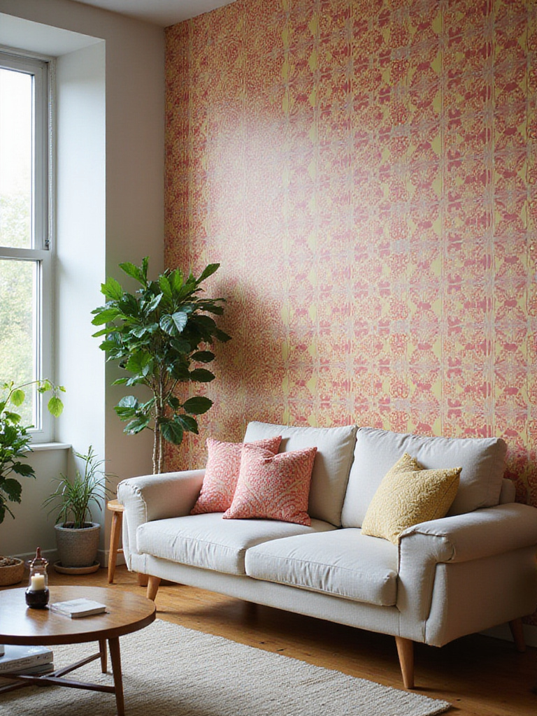 Living room with peel-and-stick wallpaper accent wall featuring geometric design