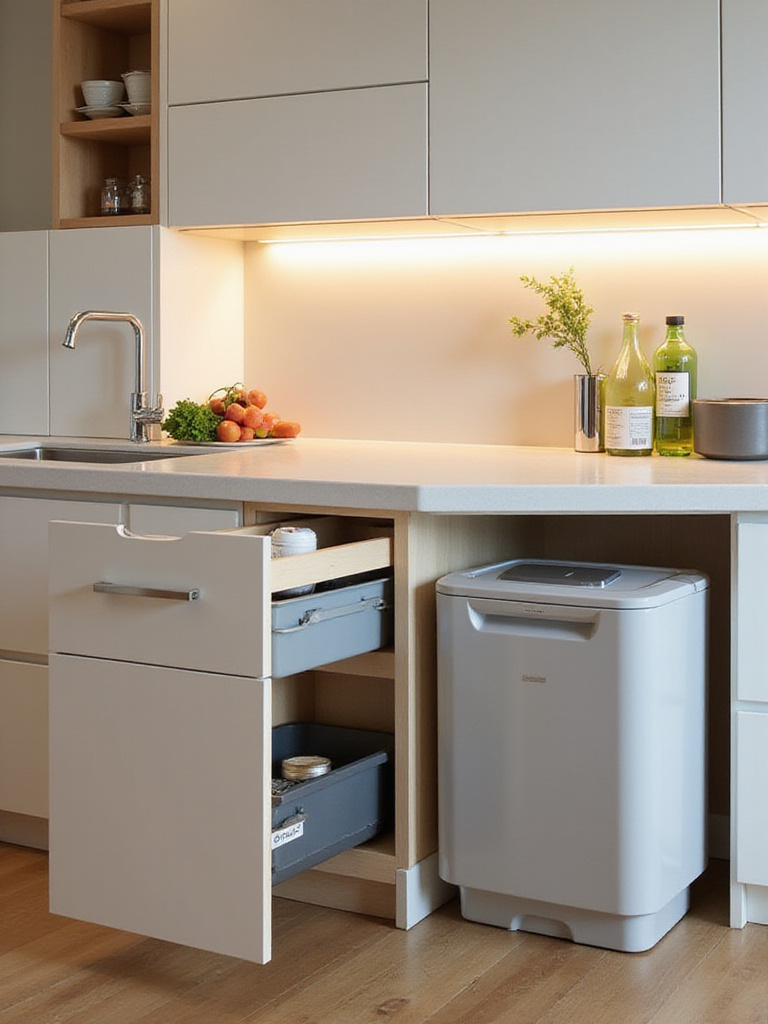 Modern kitchen with integrated smart waste management solutions, featuring pull-out bins and a sleek compost system.