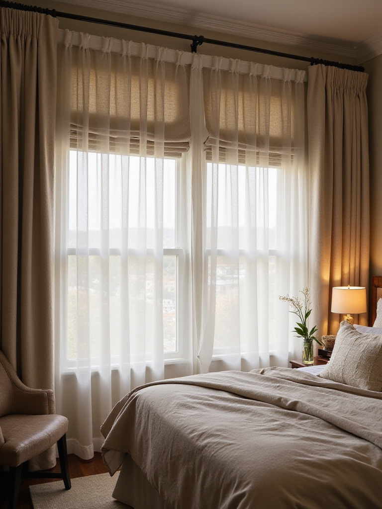 Elegant bedroom with layered window treatments for privacy and light control