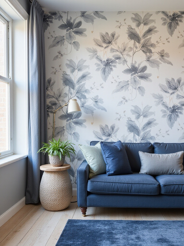 Living room with coordinated wallpaper and decor