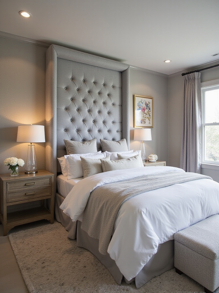 Custom headboard in a stylish bedroom setting with elegant decor.