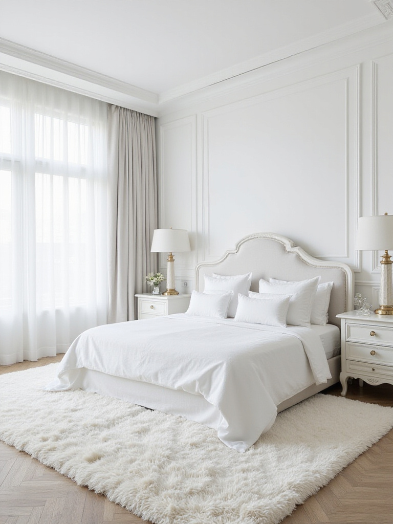 Luxurious white bedroom with a plush white area rug under a king-sized bed.
