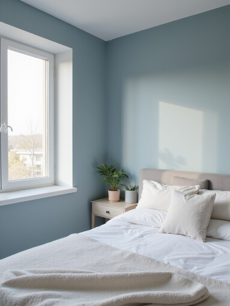 A calming bedroom with walls painted in soft blue and muted gray tones, showcasing a serene atmosphere.