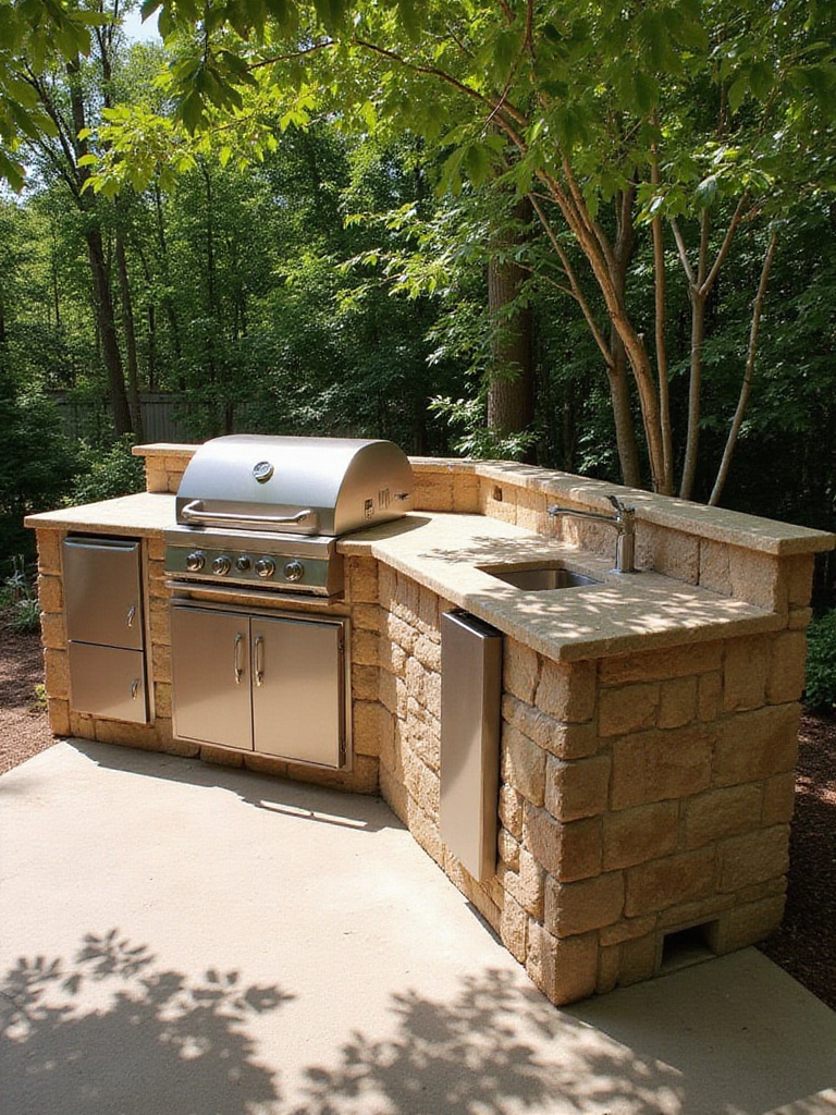 Outdoor kitchen with built-in grill and bar area in a sunny backyard