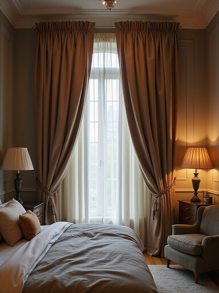 Elegant bedroom with blackout curtains drawn closed, showcasing a cozy sleep environment.