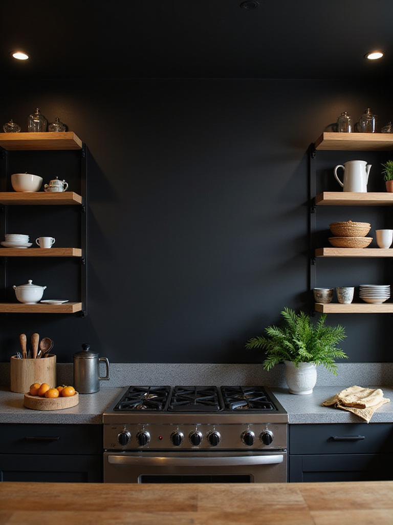 Modern kitchen with a black accent wall and open shelving