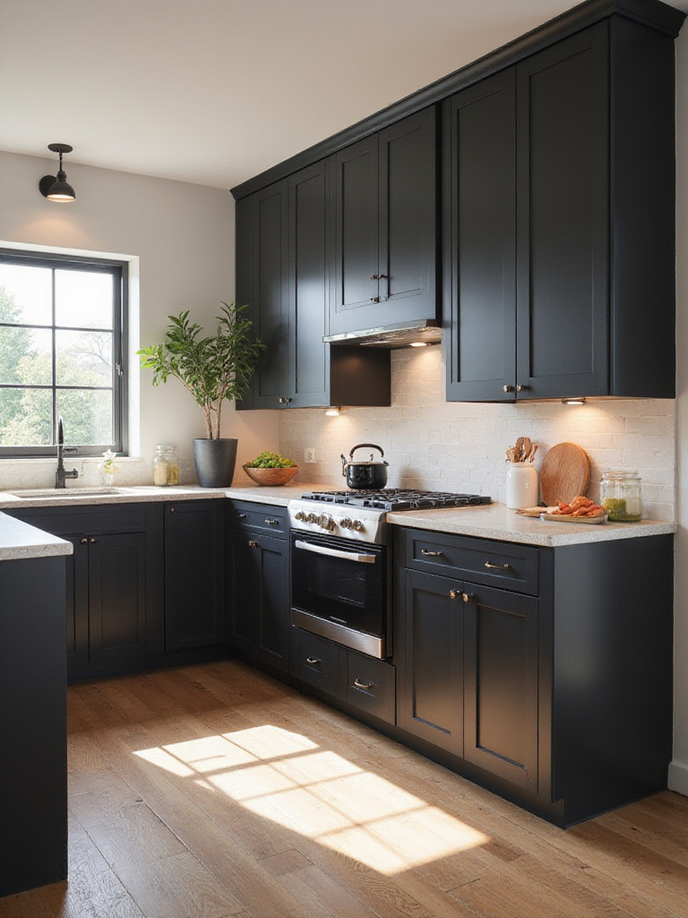 Modern kitchen featuring sleek black shaker and flat-panel cabinetry with contrasting light countertops.