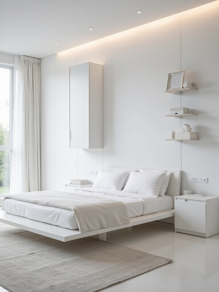 A bright and airy white bedroom with minimalist furniture, showcasing a low-profile bed, floating shelves, and a tall wardrobe.