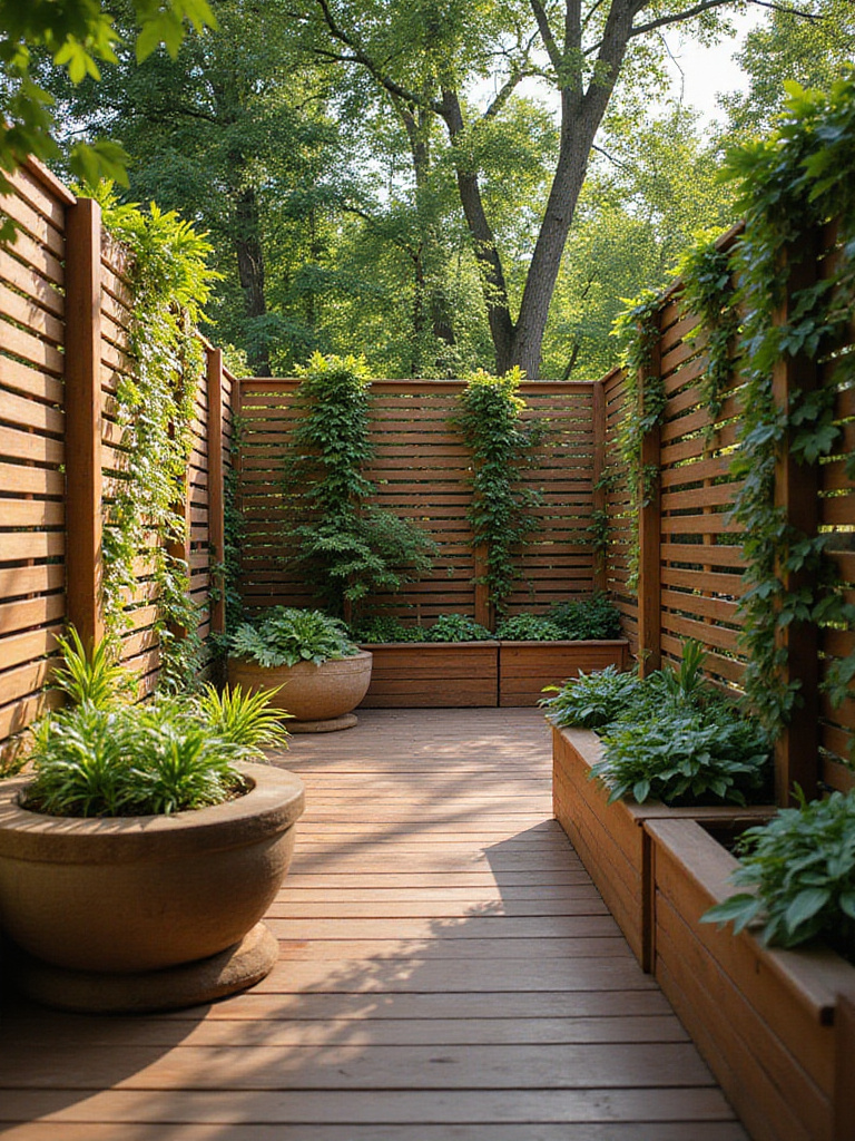 Deck with strategic screens and planter walls enhancing privacy