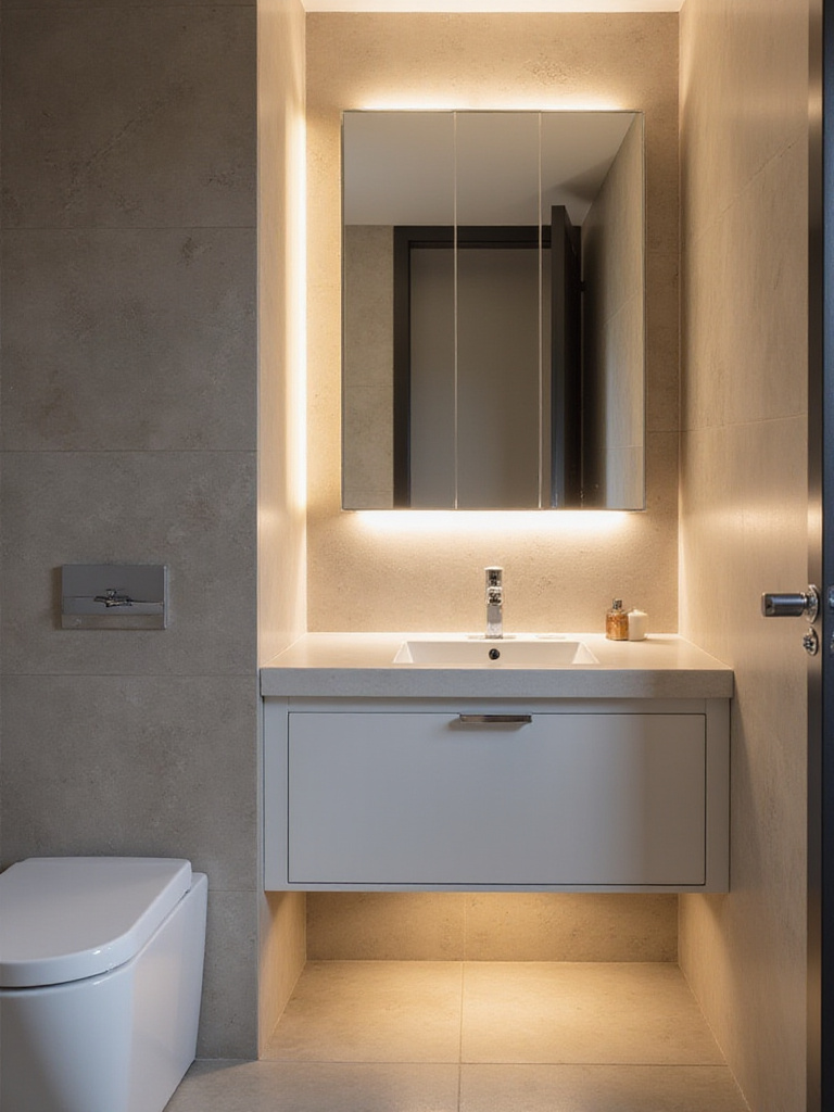 Small bathroom featuring a recessed medicine cabinet integrated into the wall with a sleek design.