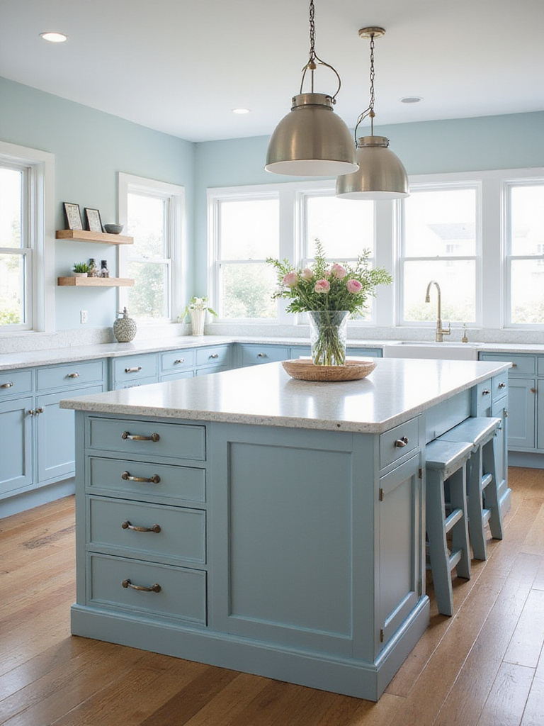 Serene coastal kitchen with a central island featuring seating and storage, showcasing a tranquil design.