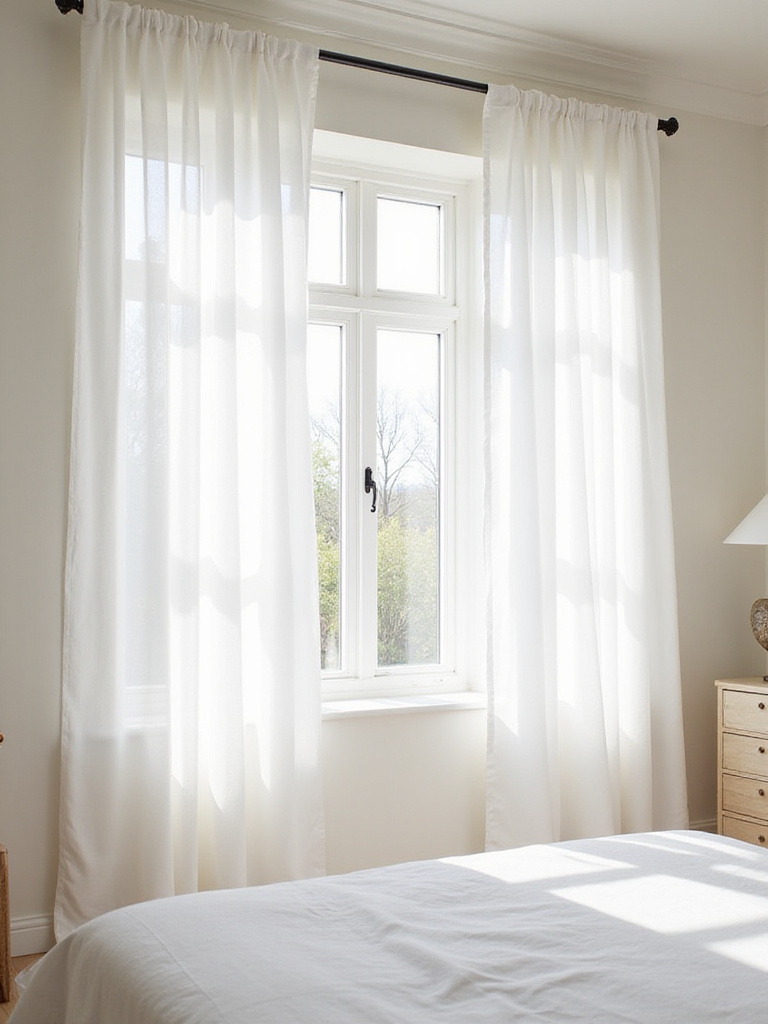 Bright and airy white bedroom with sheer white window treatments allowing natural light to filter through.