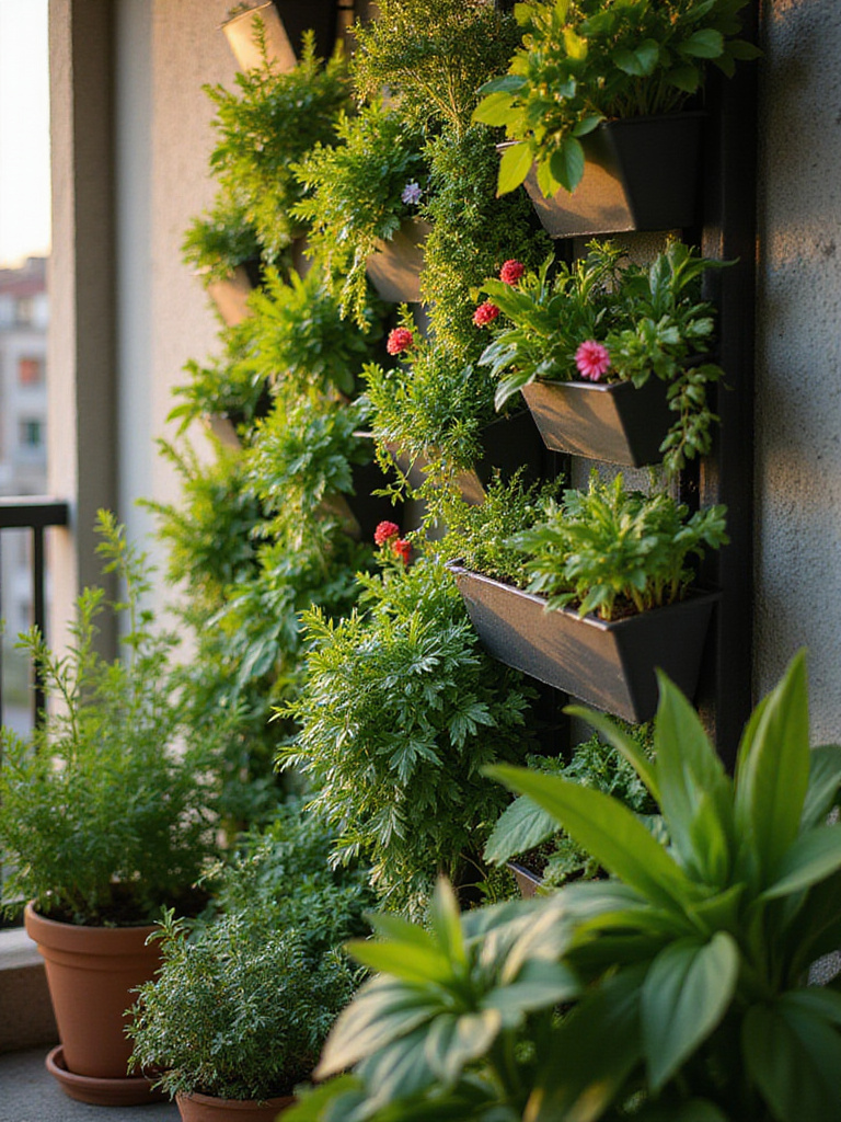 Lush vertical garden on a balcony with various green plants and flowers in modular planters.