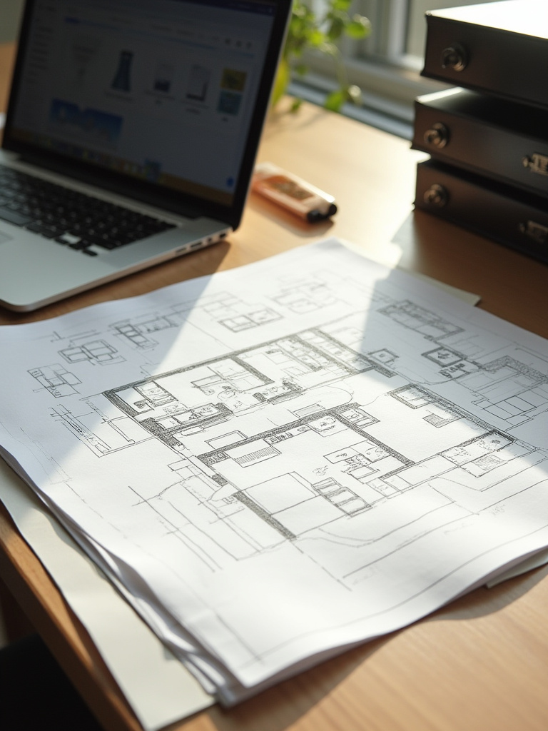 Detailed floor plan sketch on a desk with furniture templates