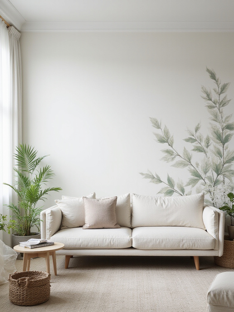 Living room accent wall with subtle floral or botanical prints creating a serene atmosphere