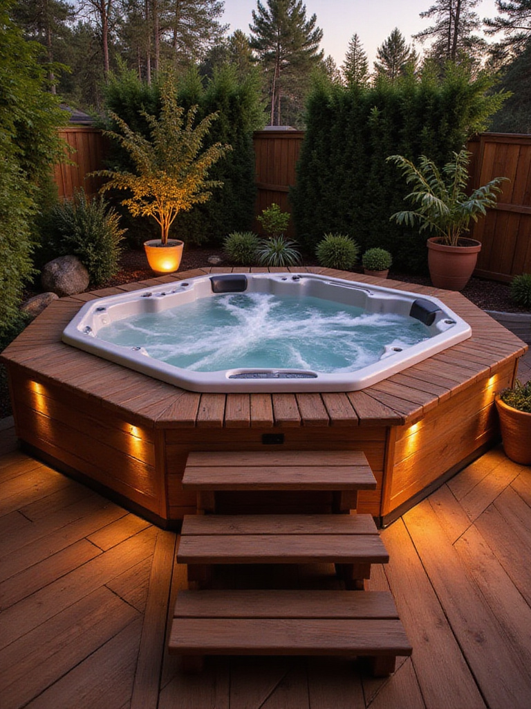 Luxurious hot tub oasis integrated into a wooden deck with ambient lighting.
