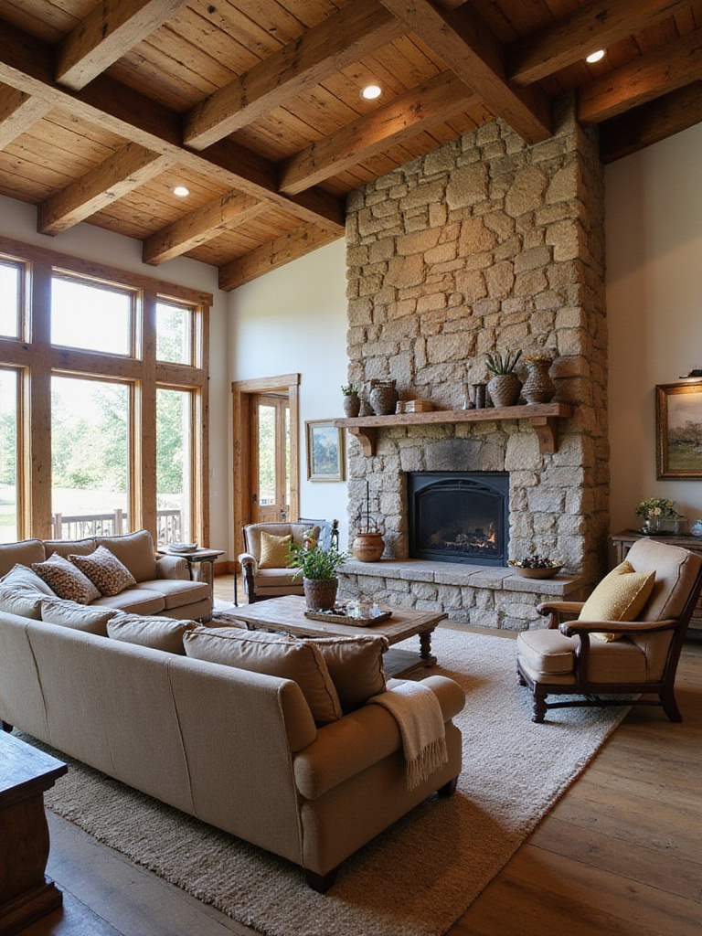 Cozy farmhouse rustic living room layout with a stone fireplace and comfortable seating.
