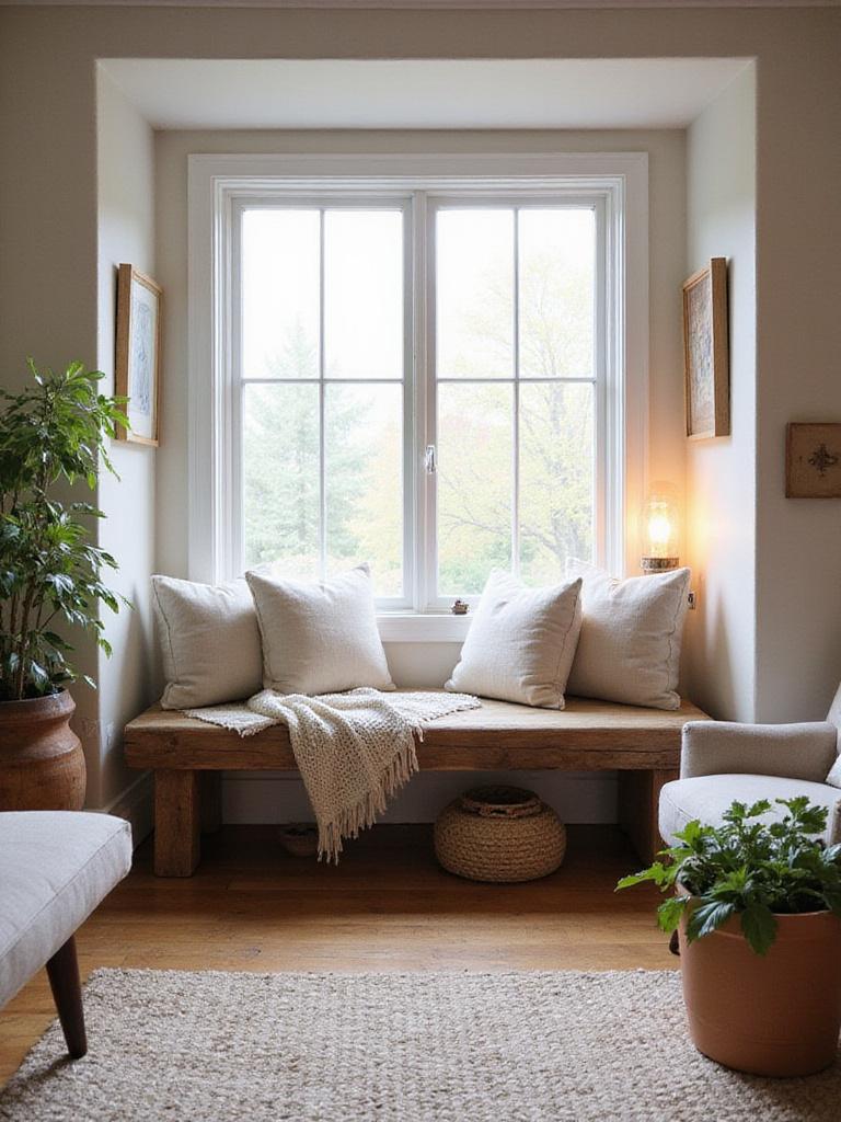 Cozy nook with a reclaimed wood bench, cushions, and warm lighting in a living room.