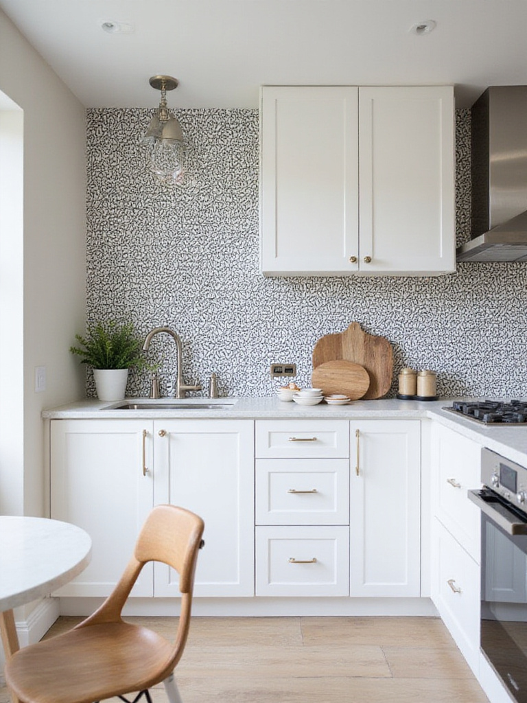 Modern kitchen with harmonizing wallpaper and decor