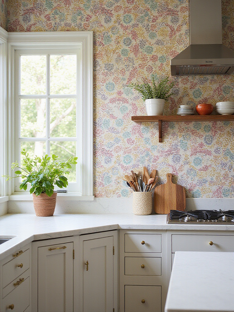 Eye-catching kitchen accent wall with vibrant wallpaper