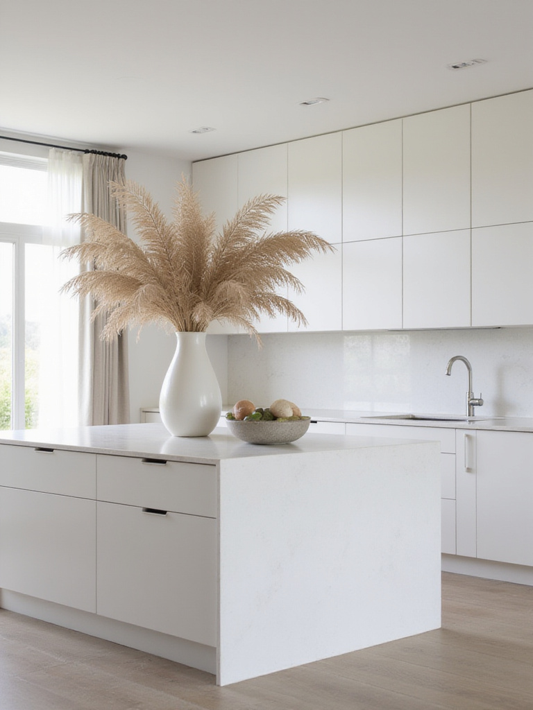 A modern kitchen showcasing minimalist decor with a sculptural vase and clean lines.