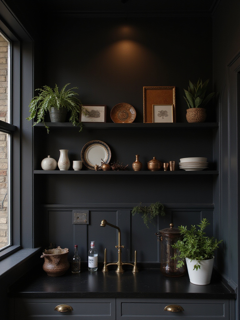 Open black shelving in a chic kitchen styled with curated decor and essential items.
