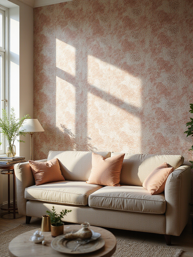 Living room with accent wall wallpaper, showcasing a cozy and stylish ambiance.