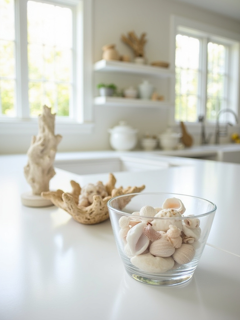 Serene coastal kitchen decorated with seashells, coral, and driftwood elements.