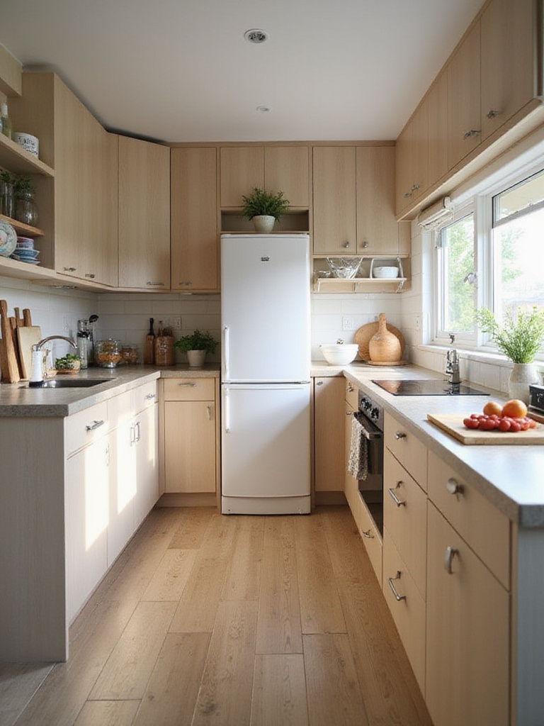 A well-organized small kitchen showing functional zones for cooking, prep, and storage.