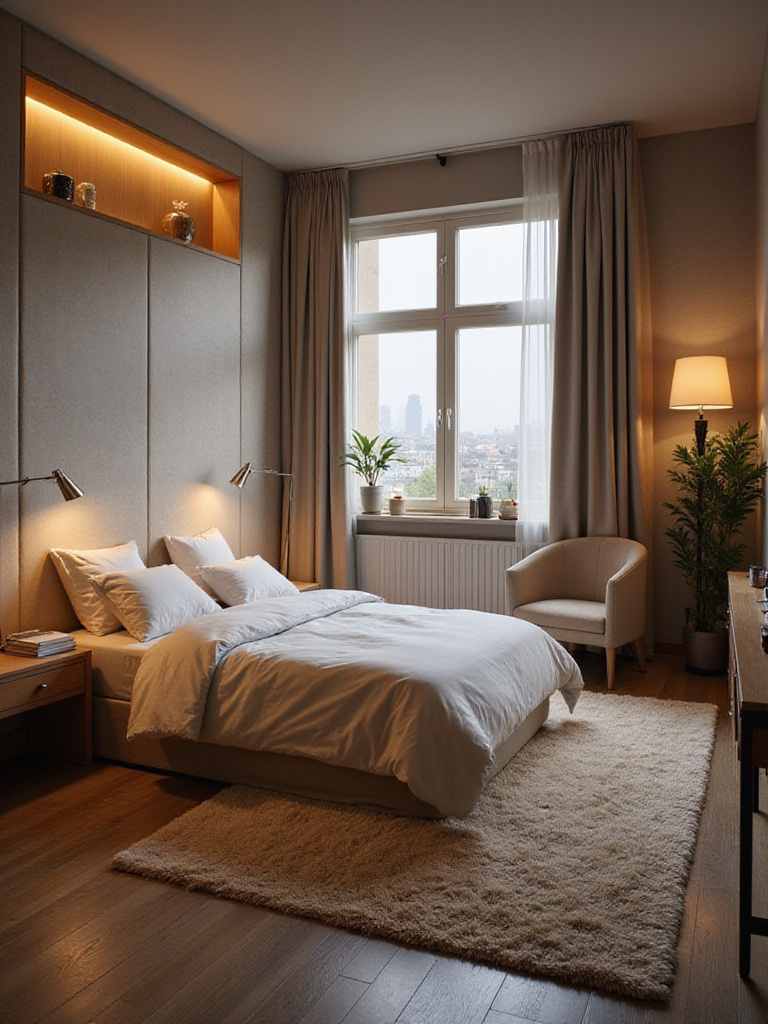 A well-organized bedroom showing distinct functional zones for sleep, reading, and work.