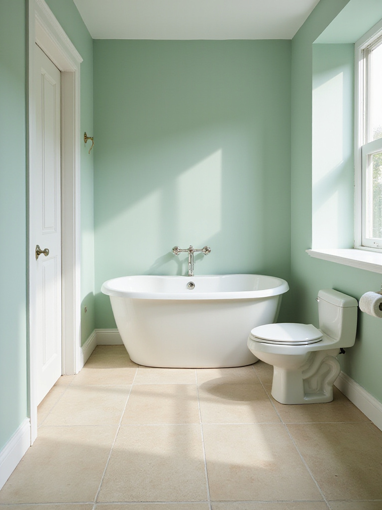 A serene bathroom with a cohesive color palette featuring soft green walls and beige tiles.