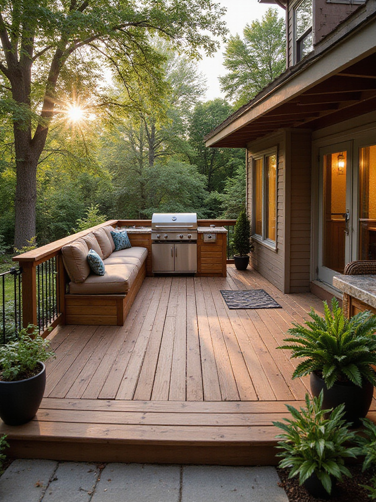 A beautifully designed deck showcasing distinct functional zones, well-lit and inviting.
