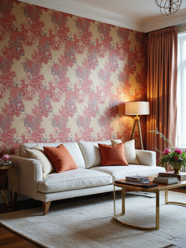 Stylish living room with a vibrant floral wallpaper accent wall
