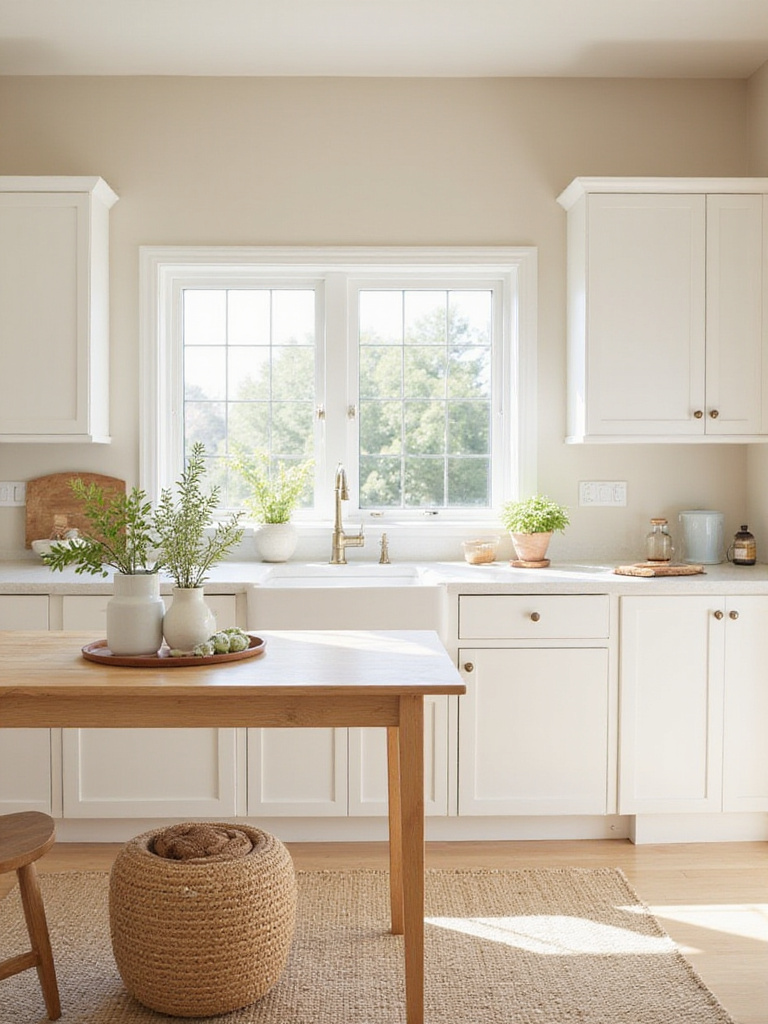 Modern kitchen featuring a minimalist color palette with white cabinetry and natural light.