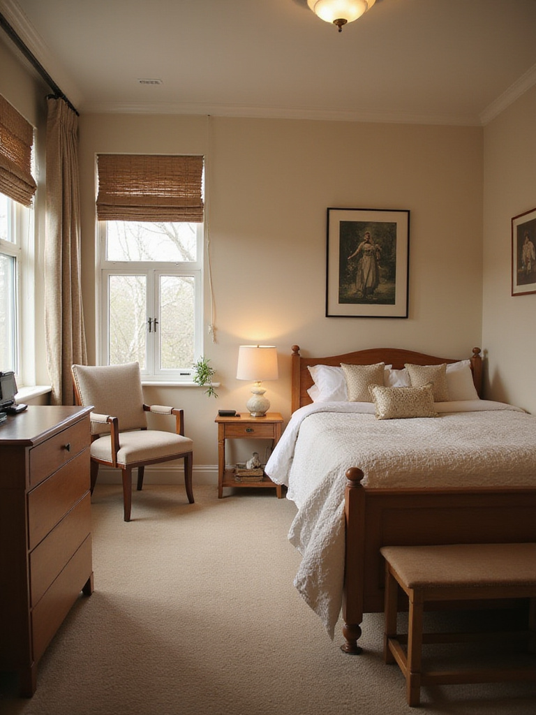 Well-organized bedroom layout emphasizing functional purpose with cozy lighting