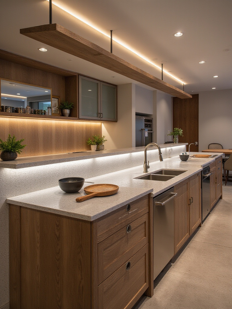 Modern kitchen with multi-level bar top design featuring different heights for distinct functional areas.