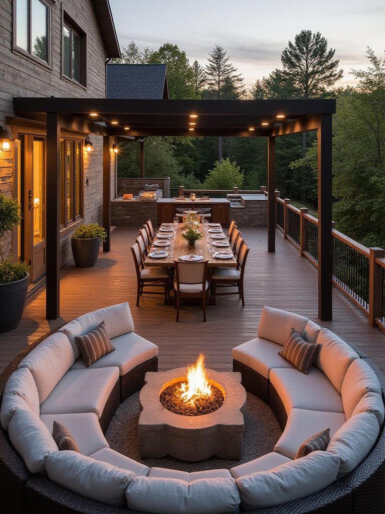 Outdoor deck featuring dedicated zones for dining and lounging with a modern pergola and cozy sofas.