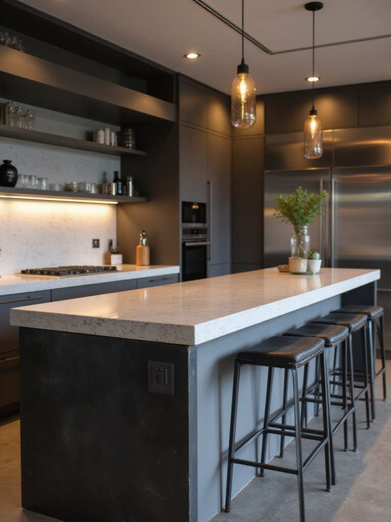 Modern kitchen bar with polished concrete and blackened steel accents