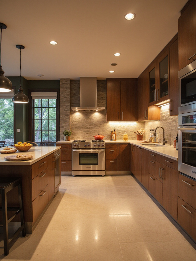 Modern kitchen with layered lighting showcasing ambient, task, and accent lights.